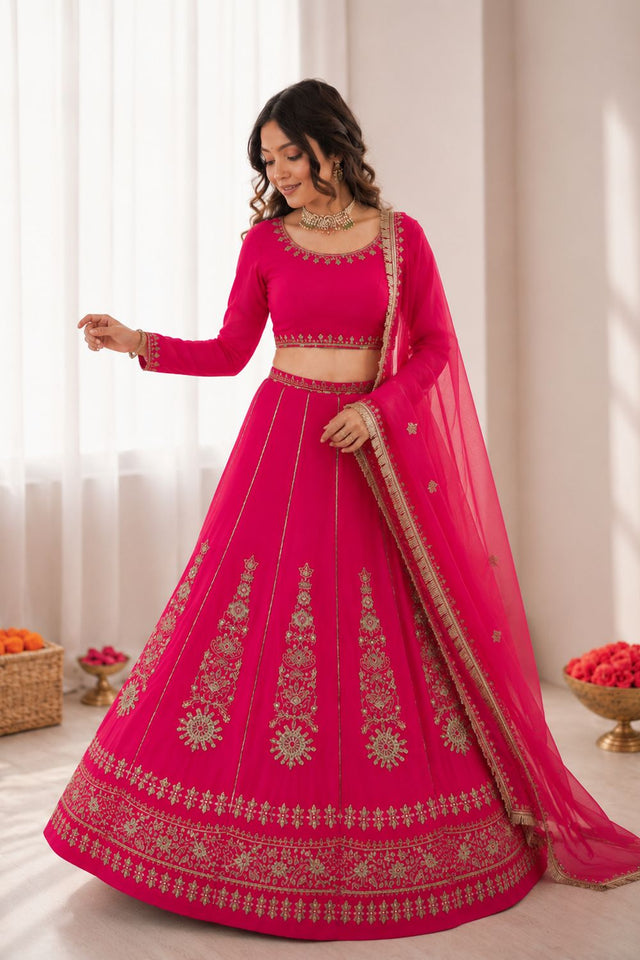 Pink Embroidered Art Silk Lehenga (QRC-405-pink)