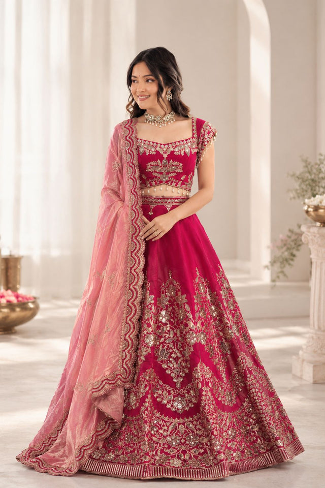 Pink Floral Embroidered Chanderi Lehenga (QRC-408)
