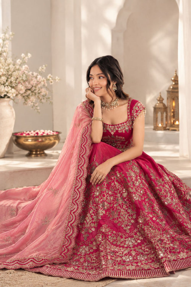 Pink Floral Embroidered Chanderi Lehenga (QRC-408)