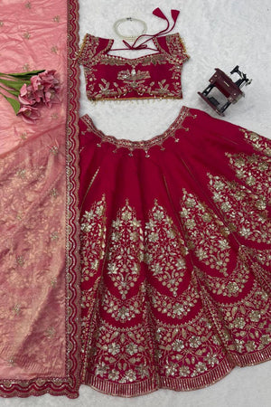 Pink Floral Embroidered Chanderi Lehenga (QRC-408)