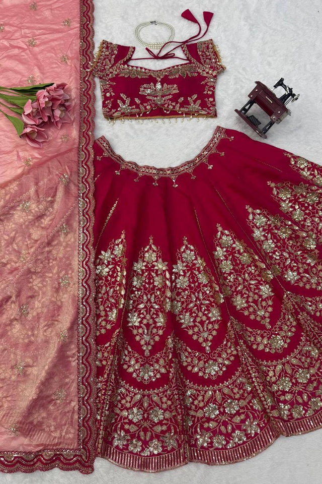 Pink Floral Embroidered Chanderi Lehenga (QRC-408)