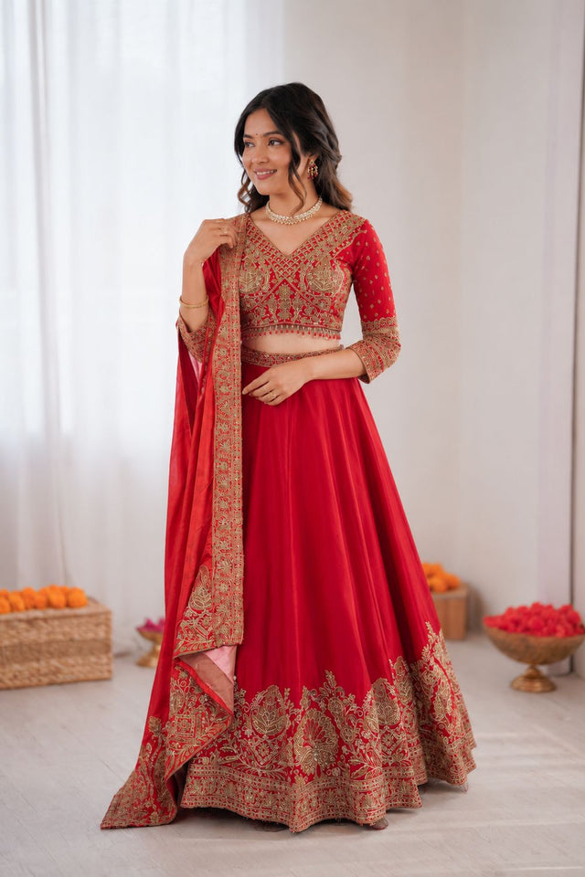 Red Floral Embroidered Art Silk Lehenga (QRC- 407)