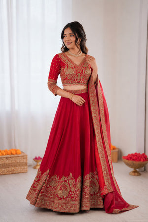 Red Floral Embroidered Art Silk Lehenga (QRC- 407)