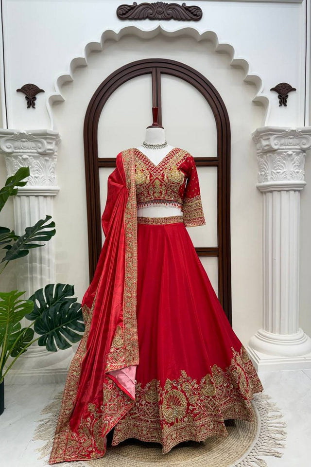 Red Floral Embroidered Art Silk Lehenga (QRC- 407)
