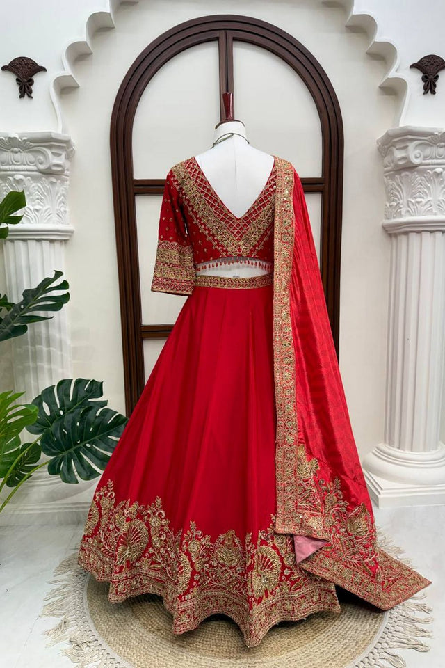 Red Floral Embroidered Art Silk Lehenga (QRC- 407)