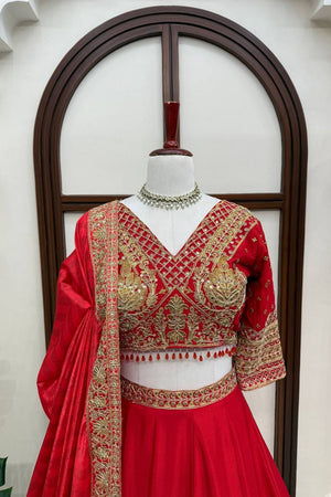 Red Floral Embroidered Art Silk Lehenga (QRC- 407)