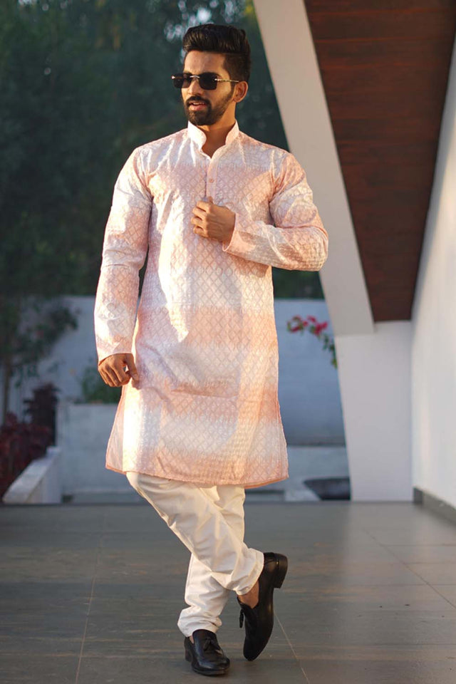 Orange Embroidered Cotton Men's Kurta Set