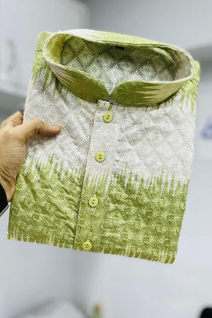 Green Embroidered Cotton Men's Kurta Set