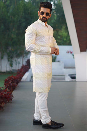 Yellow Embroidered Cotton Men's Kurta Set