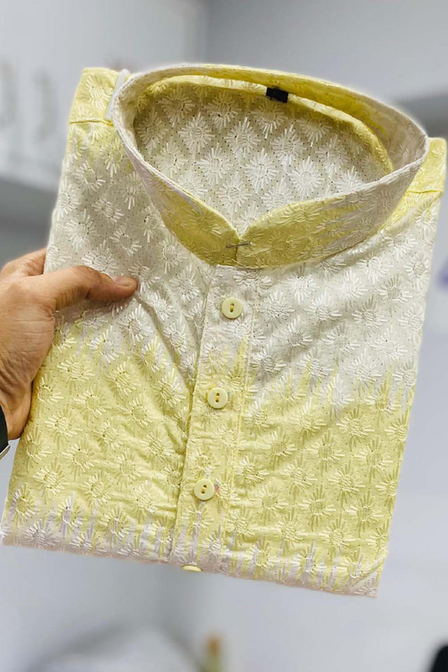 Yellow Embroidered Cotton Men's Kurta Set