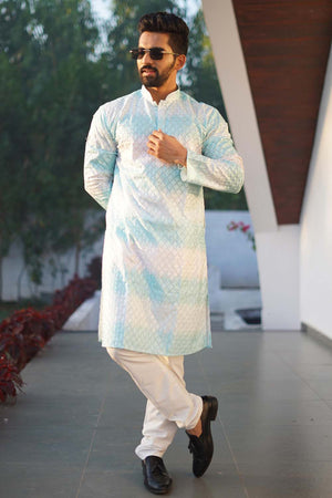 Blue Embroidered Cotton Men's Kurta Set