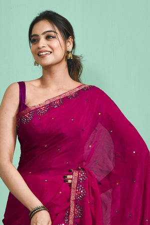 Pink Mirror Embroidered Chiffon Saree (RBFPYZ6C3822)