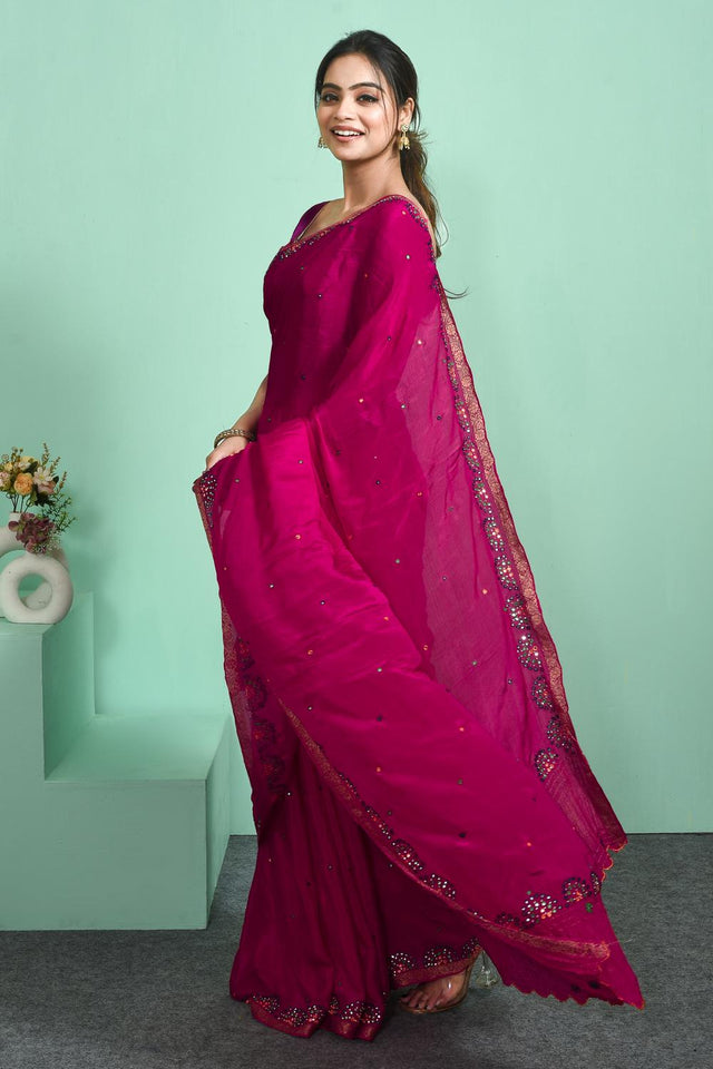 Pink Mirror Embroidered Chiffon Saree (RBFPYZ6C3822)