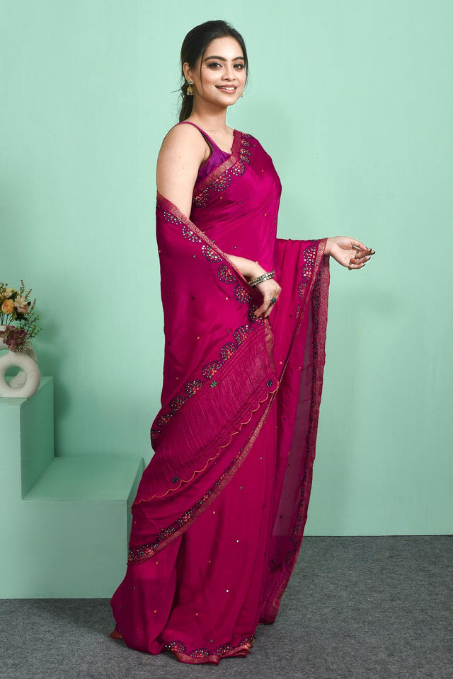 Pink Mirror Embroidered Chiffon Saree (RBFPYZ6C3822)