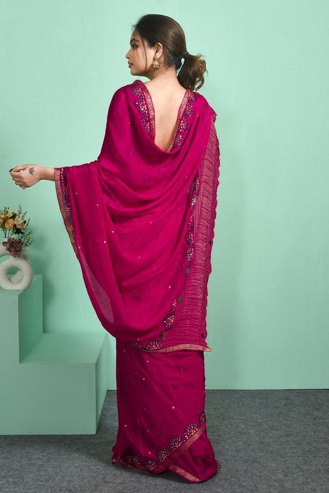 Pink Mirror Embroidered Chiffon Saree (RBFPYZ6C3822)