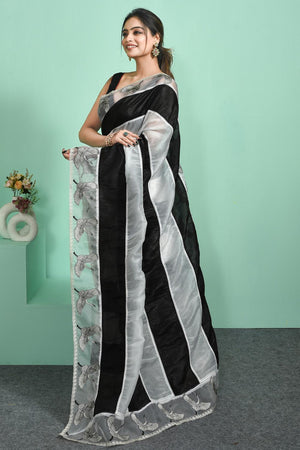 Black Thread Work Chiffon Saree (RBHLWT6C3794)