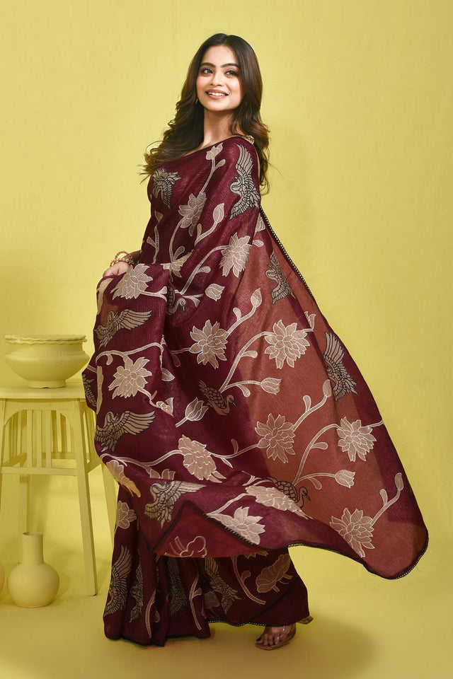 Violet Floral Embroidered Chiffon Saree (RBHQQV6C3784)