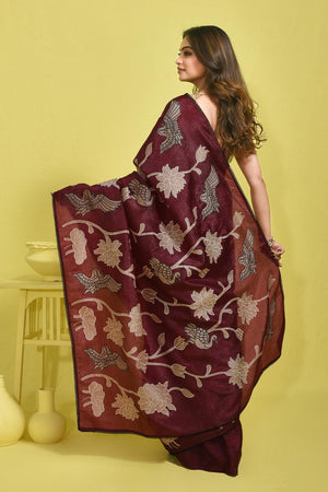 Violet Floral Embroidered Chiffon Saree (RBHQQV6C3784)