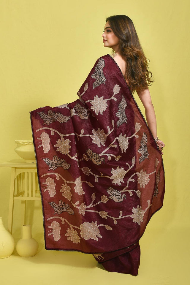 Violet Floral Embroidered Chiffon Saree (RBHQQV6C3784)