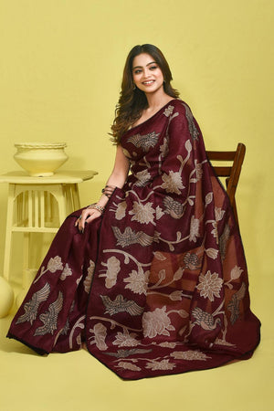 Violet Floral Embroidered Chiffon Saree (RBHQQV6C3784)