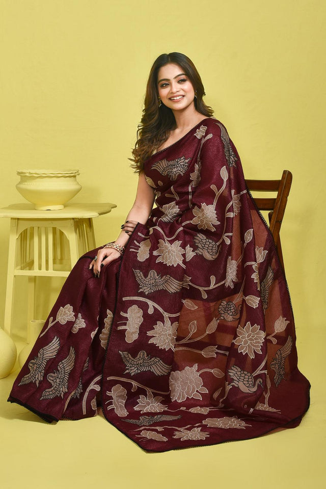 Violet Floral Embroidered Chiffon Saree (RBHQQV6C3784)