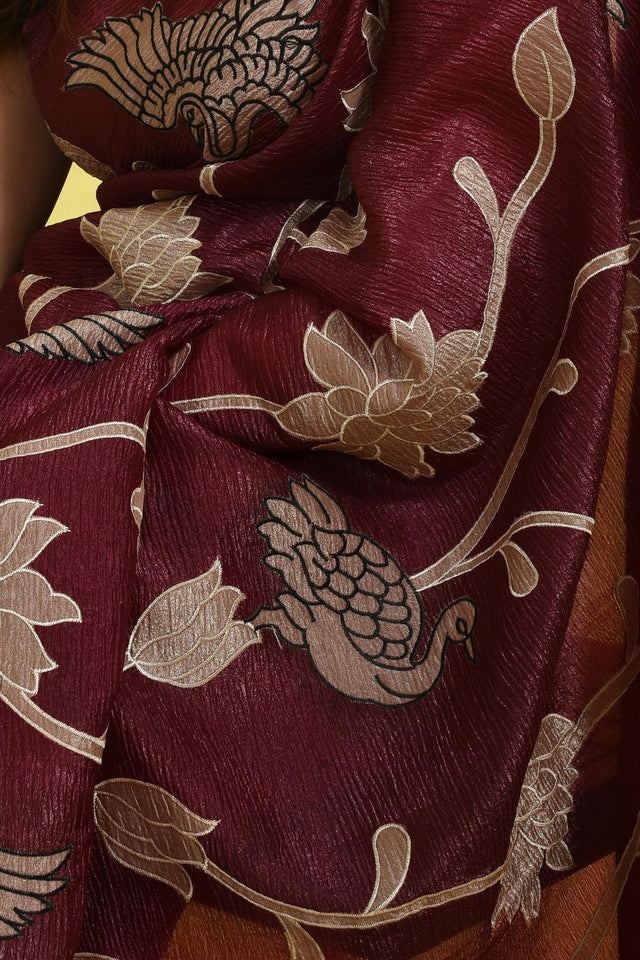 Violet Floral Embroidered Chiffon Saree (RBHQQV6C3784)