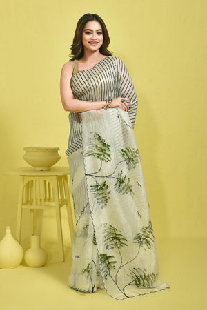 White Beads & Stone Embossed Chiffon Saree (RBHWWP6C3802)