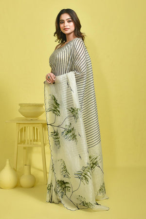 White Beads & Stone Embossed Chiffon Saree (RBHWWP6C3802)
