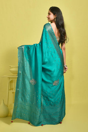 Blue Mirror Sequin Silk Blend Saree (RBMBBV6B3709)
