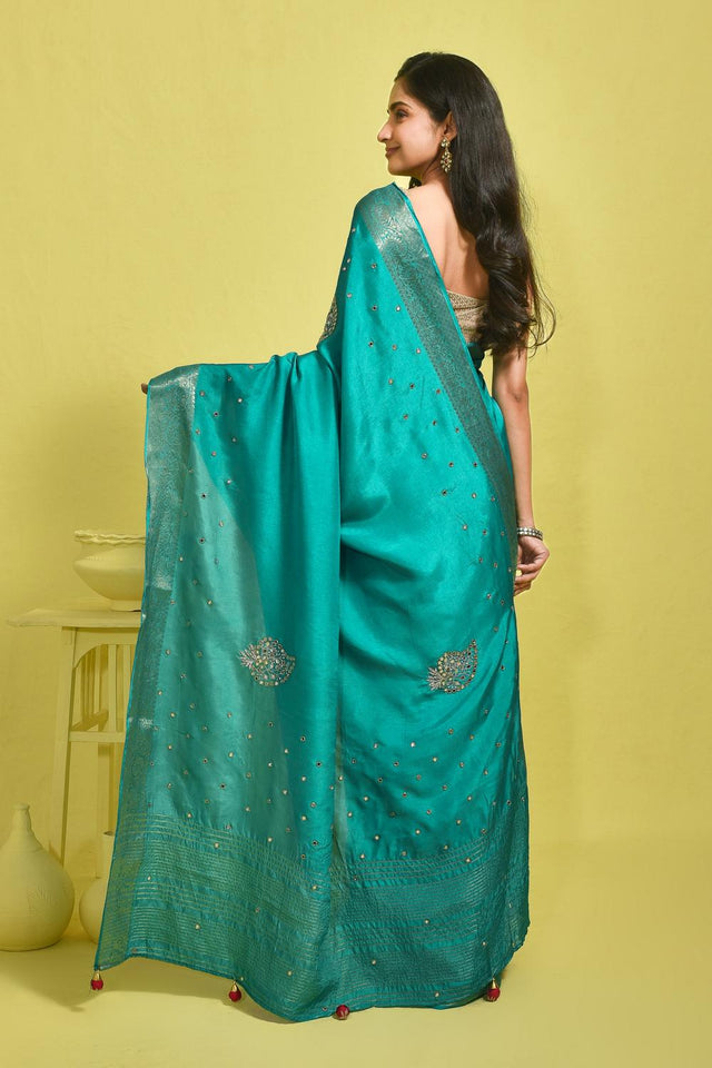 Blue Mirror Sequin Silk Blend Saree (RBMBBV6B3709)