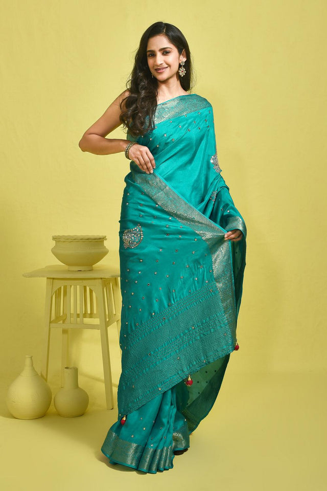 Blue Mirror Sequin Silk Blend Saree (RBMBBV6B3709)
