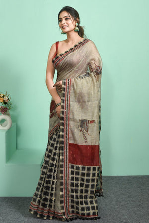 Grey Thread Work Silk Blend Saree (RBMELL6C3833)