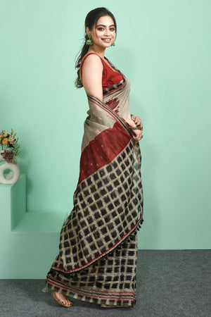 Grey Thread Work Silk Blend Saree (RBMELL6C3833)