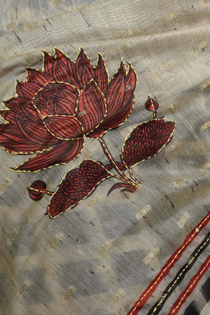 Grey Thread Work Silk Blend Saree (RBMELL6C3833)