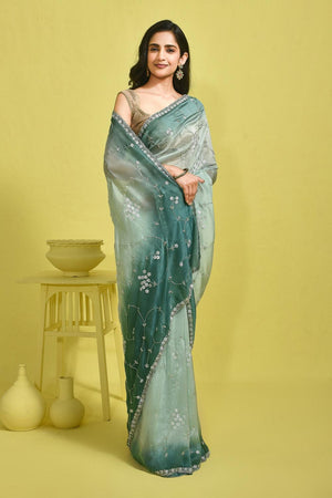 Green Floral Embroidered Silk Blend Saree (RBMGGZ6B3730)