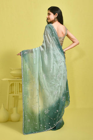 Green Floral Embroidered Silk Blend Saree (RBMGGZ6B3730)