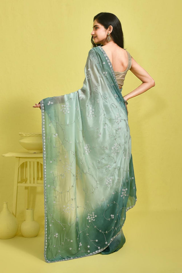 Green Floral Embroidered Silk Blend Saree (RBMGGZ6B3730)