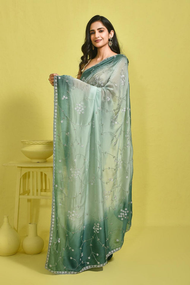 Green Floral Embroidered Silk Blend Saree (RBMGGZ6B3730)