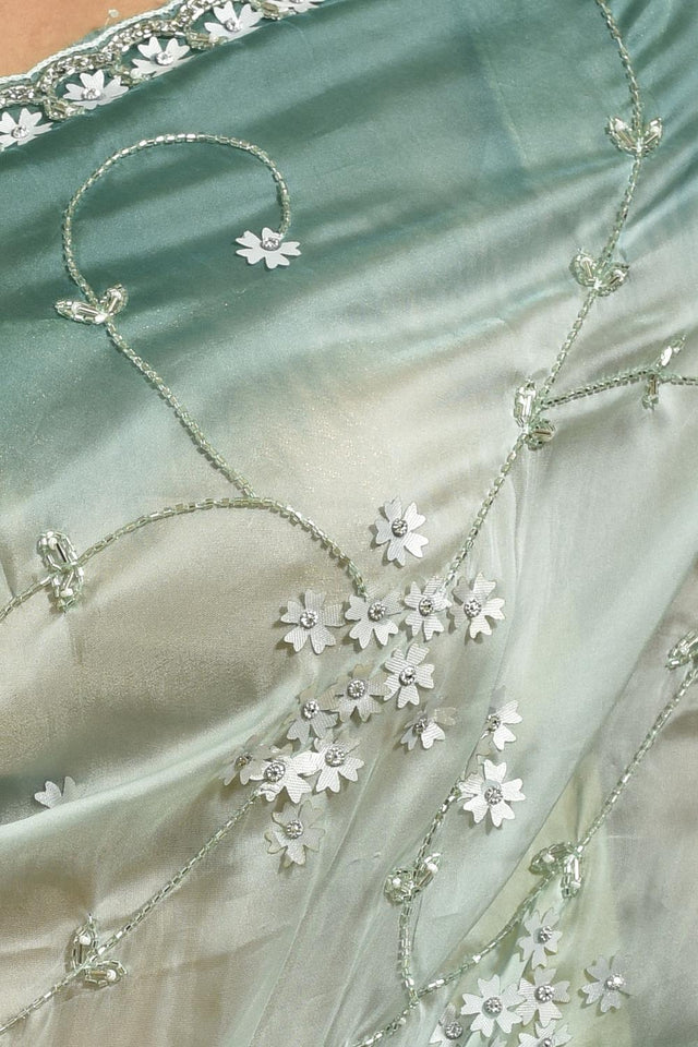 Green Floral Embroidered Silk Blend Saree (RBMGGZ6B3730)