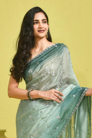 Green Floral Embroidered Silk Blend Saree (RBMGGZ6B3730)