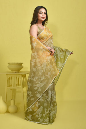 Green Floral Embroidered Silk Blend Saree (RBMGYV6C3767)