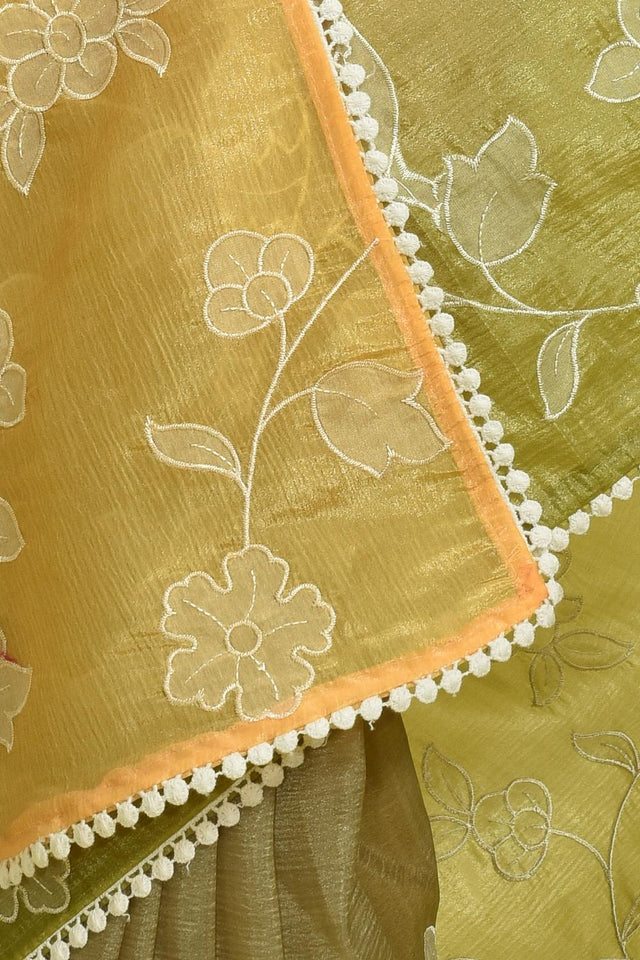 Green Floral Embroidered Silk Blend Saree (RBMGYV6C3767)