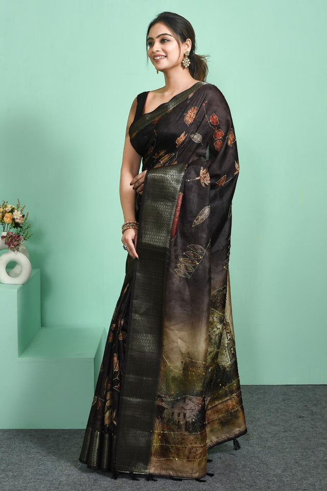 Black Floral Embroidered Silk Blend Saree (RBMLLN6C3810)