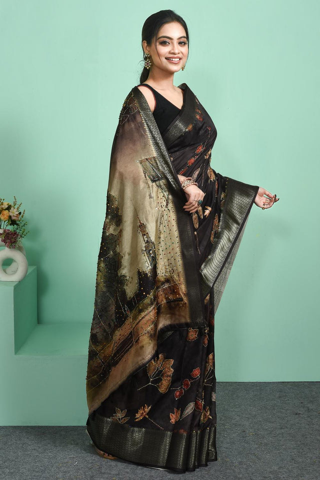Black Floral Embroidered Silk Blend Saree (RBMLLN6C3810)