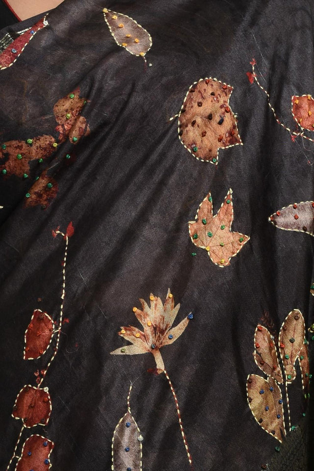 Black Floral Embroidered Silk Blend Saree (RBMLLN6C3810)