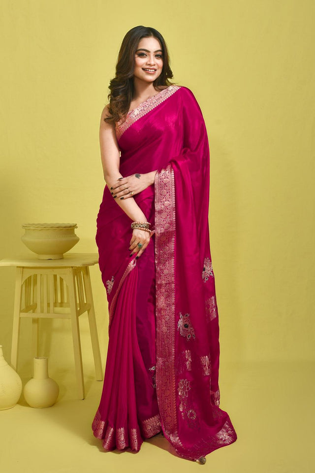 Pink Stone Embossed Silk Blend Saree (RBMPBZ6C3762)