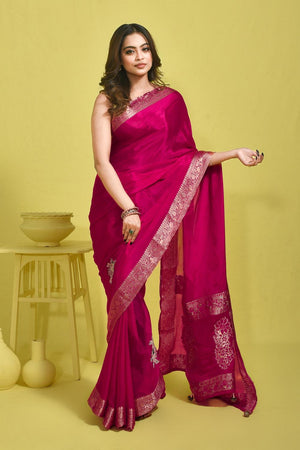 Pink Stone Embossed Silk Blend Saree (RBMPBZ6C3762)
