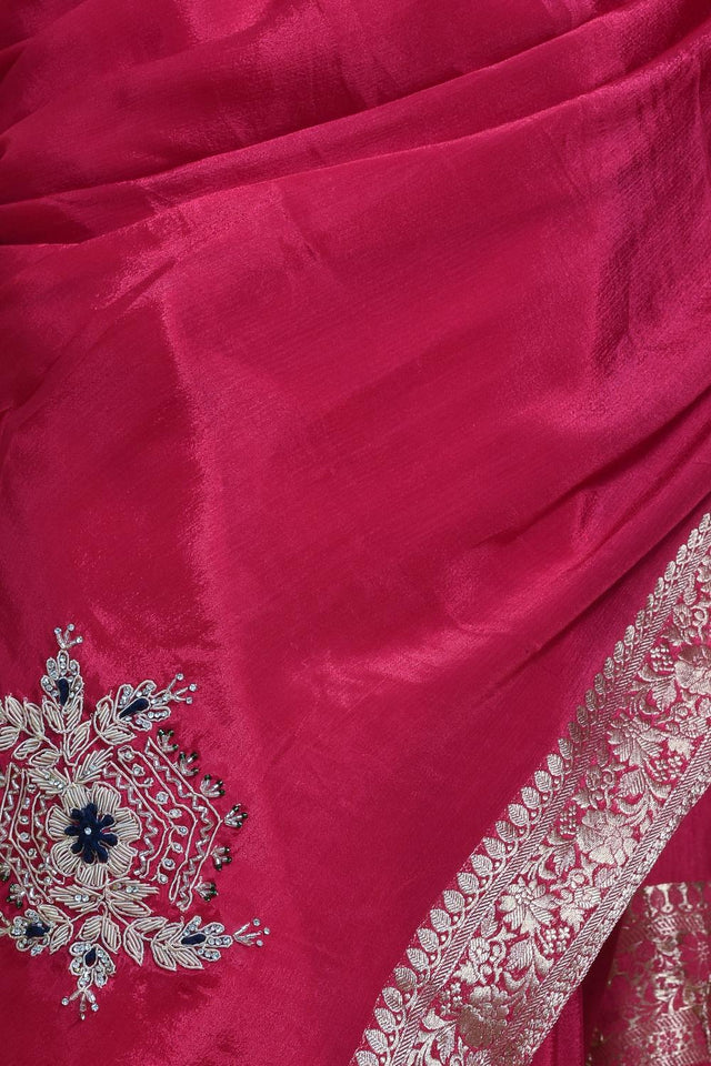 Pink Stone Embossed Silk Blend Saree (RBMPBZ6C3762)