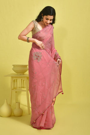 Pink Floral Embroidered Silk Blend Saree (RBMPPZ6B3731)