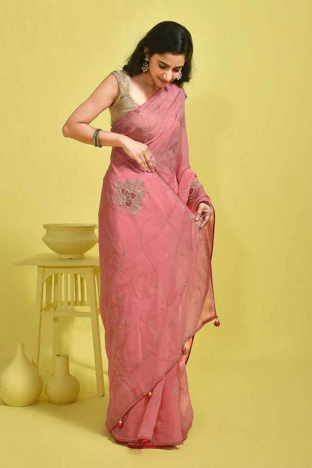 Pink Floral Embroidered Silk Blend Saree (RBMPPZ6B3731)